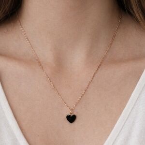 Rose Gold Chain Necklace with Black Heart Pendant - Women Jewelry